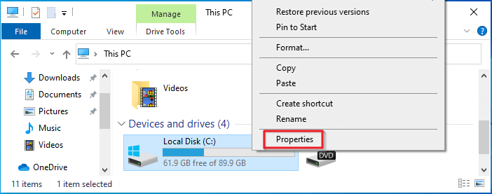 access disk properties