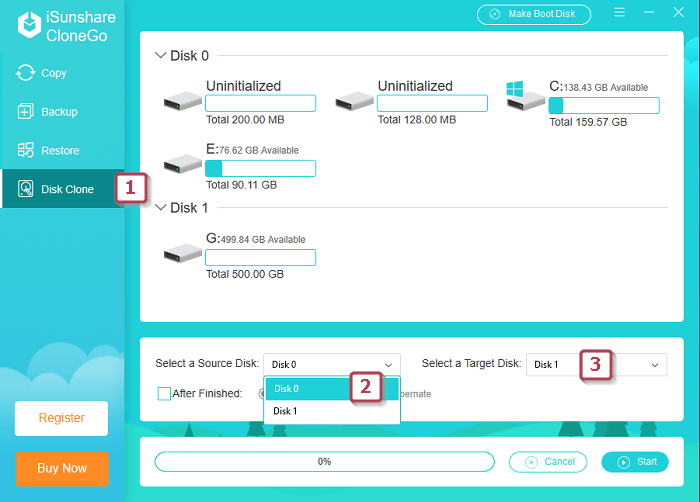 disk clone settings in clonego