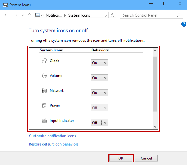 turn on or off system icons