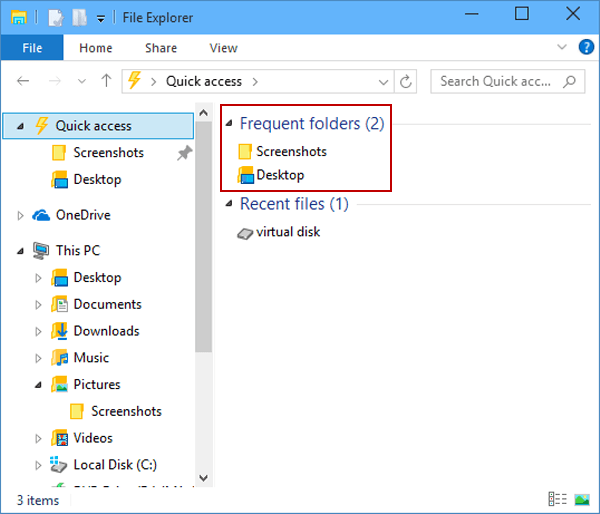 frequent folders in file explorer