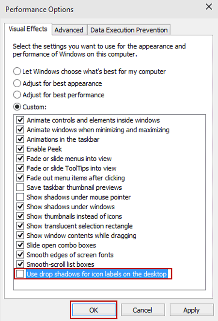 deselect use drop shadows for icon labels 