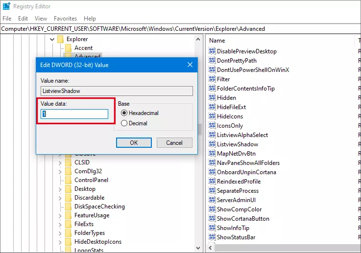 set listviewshadow value