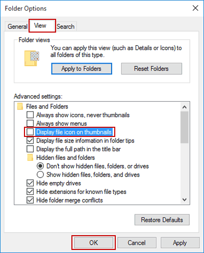 deselect displat file icon on thumbnails