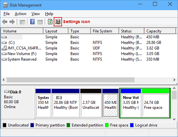 settings icon in disk management