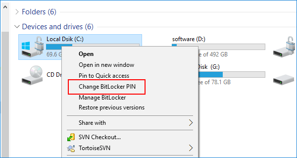 select change bitlocker pin option in file explorer