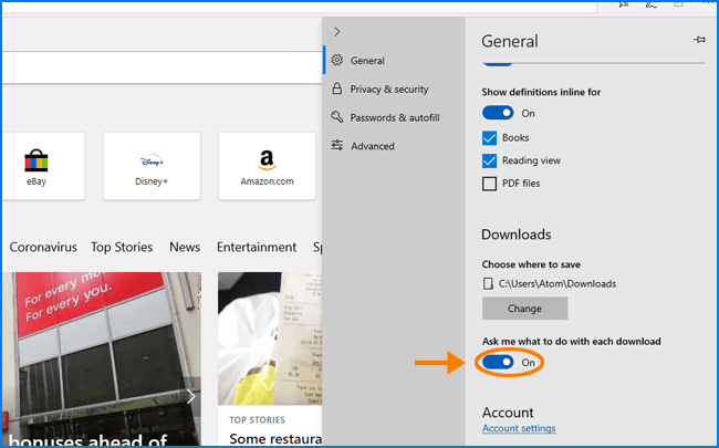 how to change default microsoft edge download directory