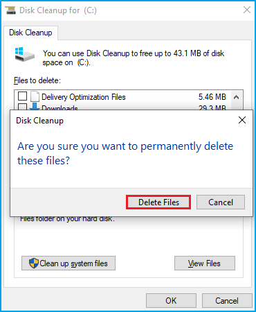 click delete files to confirm the warning message