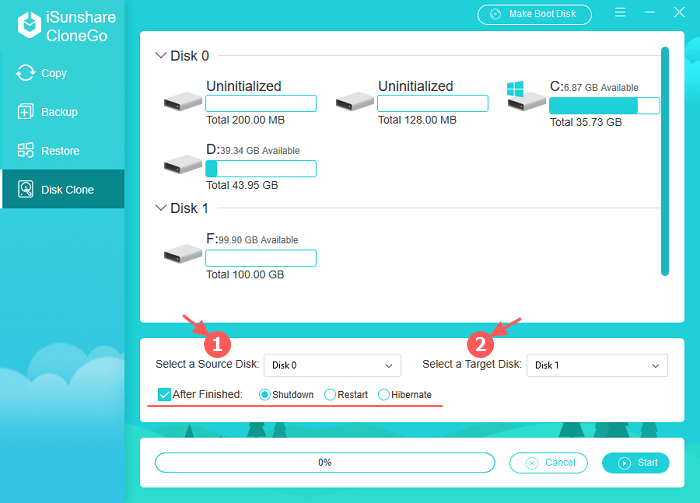 select the source disk and target disk