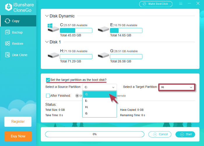 set the source partition and target partition