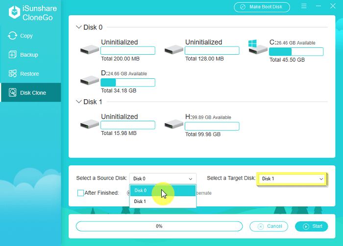 set source disk and target disk