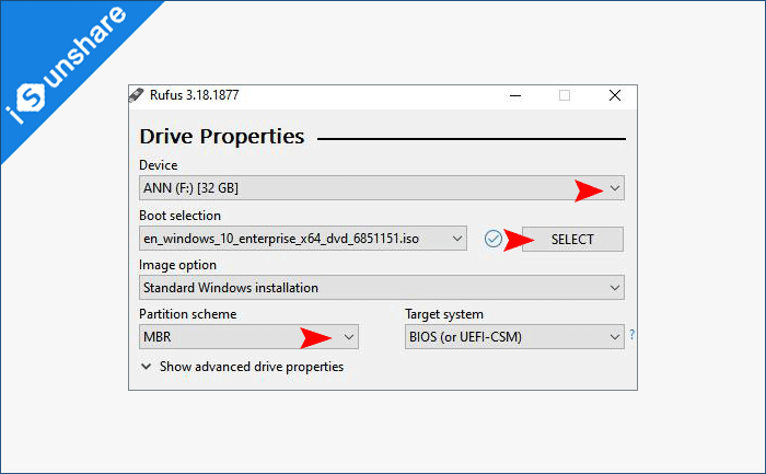 select the USB device and the Windows 10 ISO file