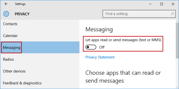 turn off let apps read or send messages