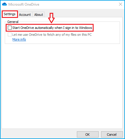 uncheck start onedrive automatically when i sign in to windows