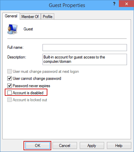 uncheck Account is disabled