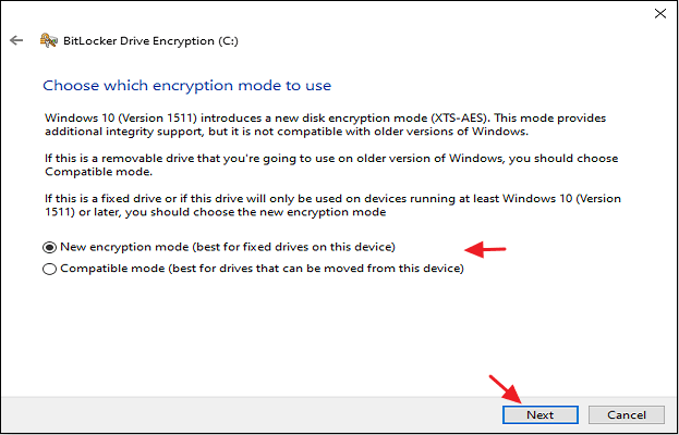 select encryption mode