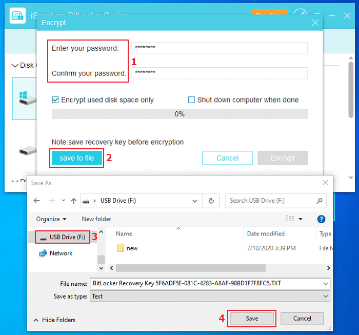 set bitlocker password and save recovery key