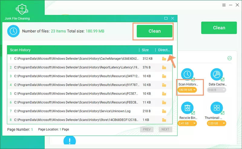 clean Defender scan history