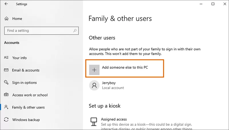 click Add someone else to this PC