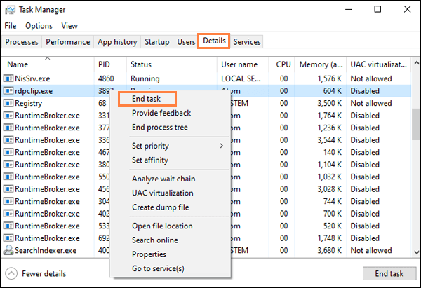 end the task of rdpclip exe