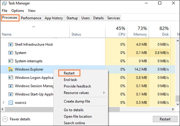 restart the process of windows explorer