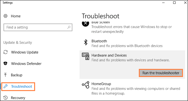 run hardware and devices troubleshooter