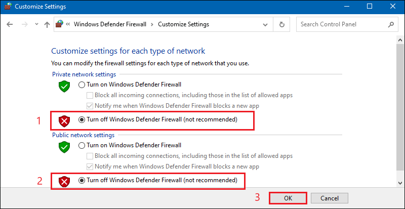 turn off windows defender firewall