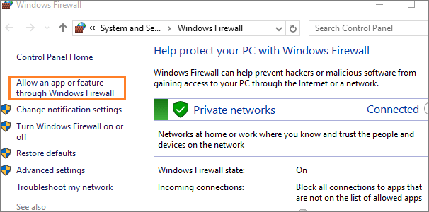 allow an app or feature through windows firewall