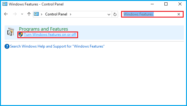 click turn windows features on or off