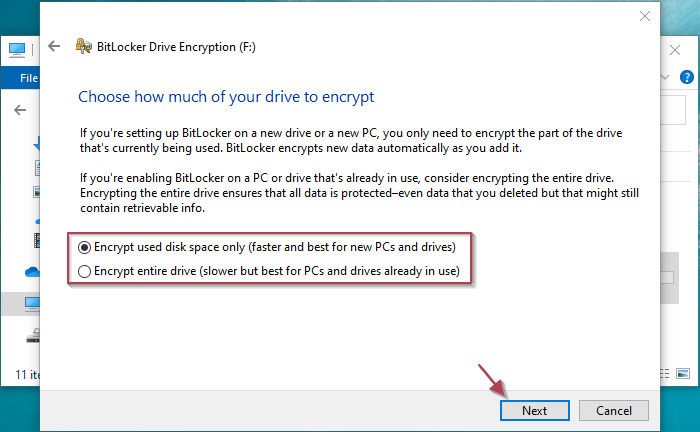 choose how much of drive to encrypt