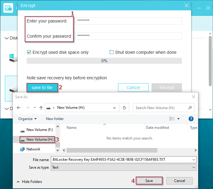 set bitlocker password and save key