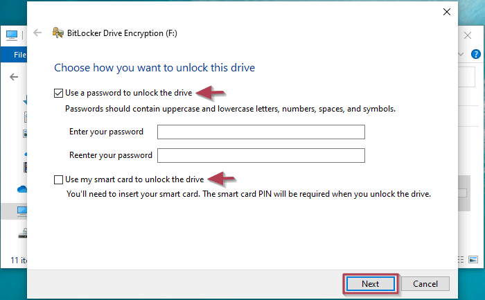 unlock bitlocker with password or card