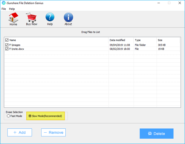 delete files with slow mode