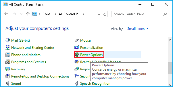 click power options from control panel