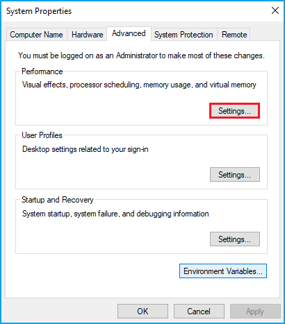 click settings under performance