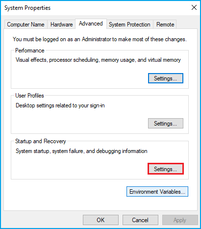 click settings under startup and recovery