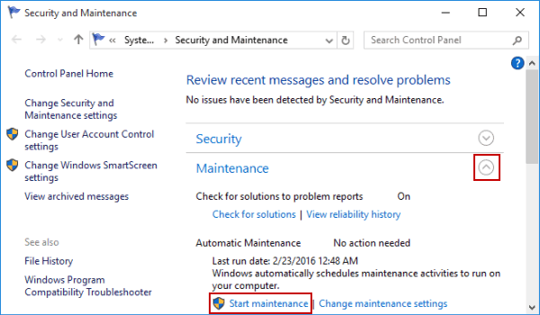 click start maintenance