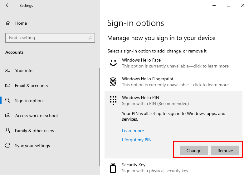 change or remove Windows Hello option