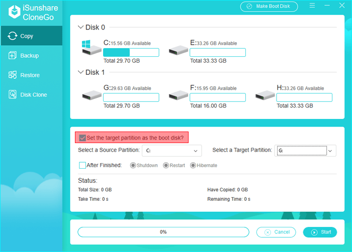 set the target partition as the boot disk