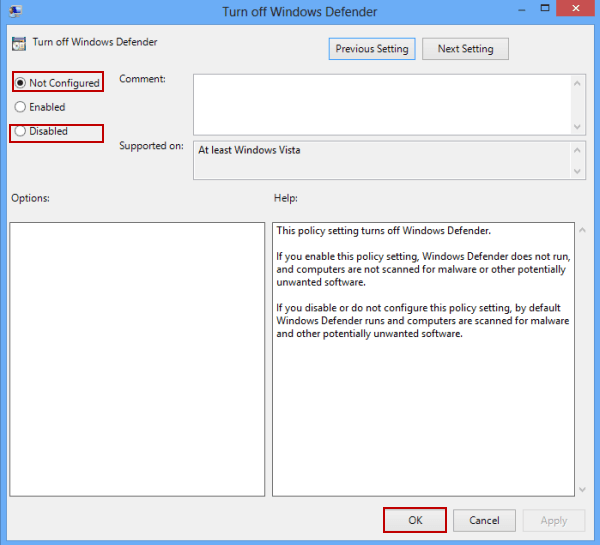 disable or do not configure turn off Windows defender setting