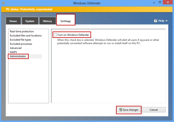 disable Windows defender in its settings