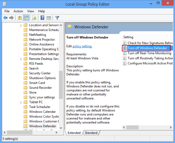 open Turn off Windows Defender setting