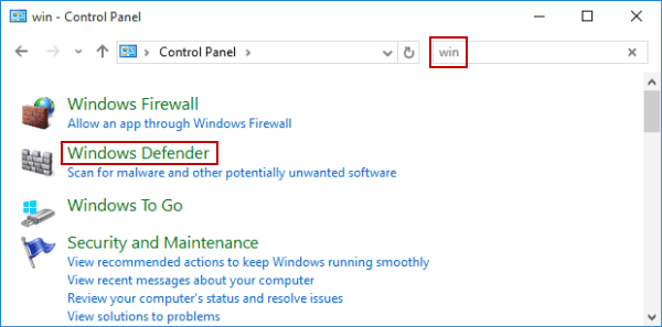 open Windows defender in control panel