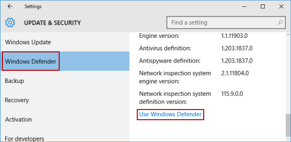 open Windows defender in settings