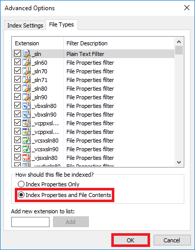 choose Index Properties and File Contents