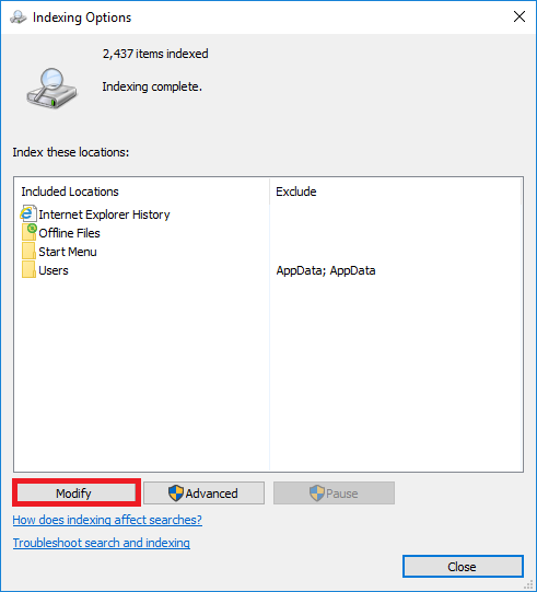 choose modify in Indexing Options