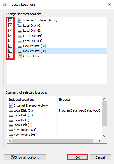 select all locations in Indexing Options