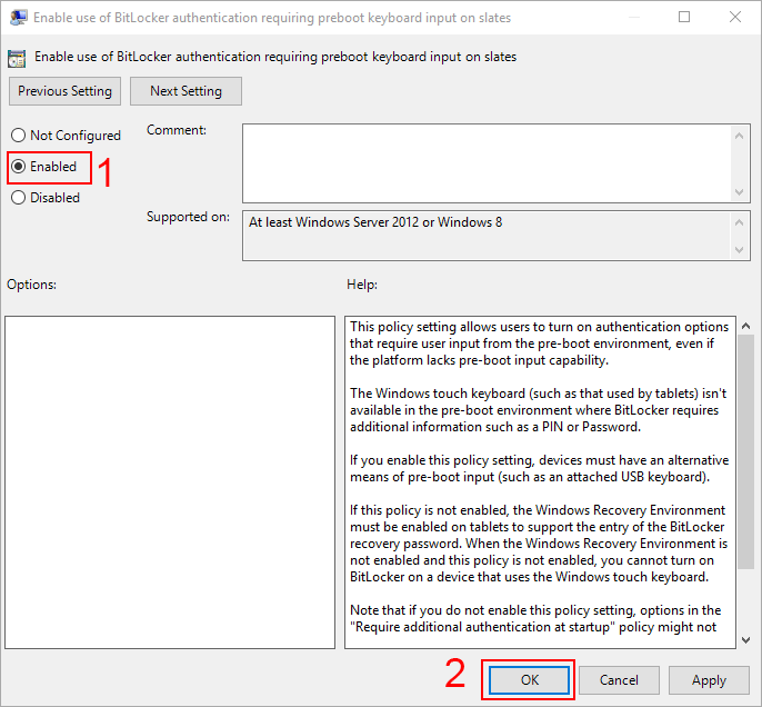 enable use of bitlocker authentication requiring preboot keyboard input on slates