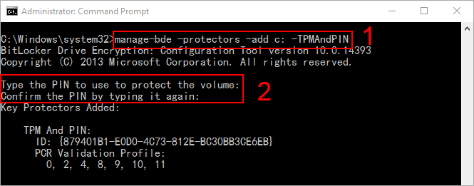 set bitlocker pin in command prompt