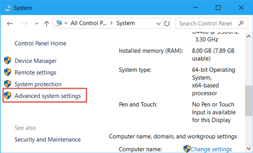 click on advanced system settings