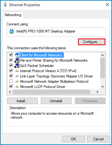 click configure under ethernet properties